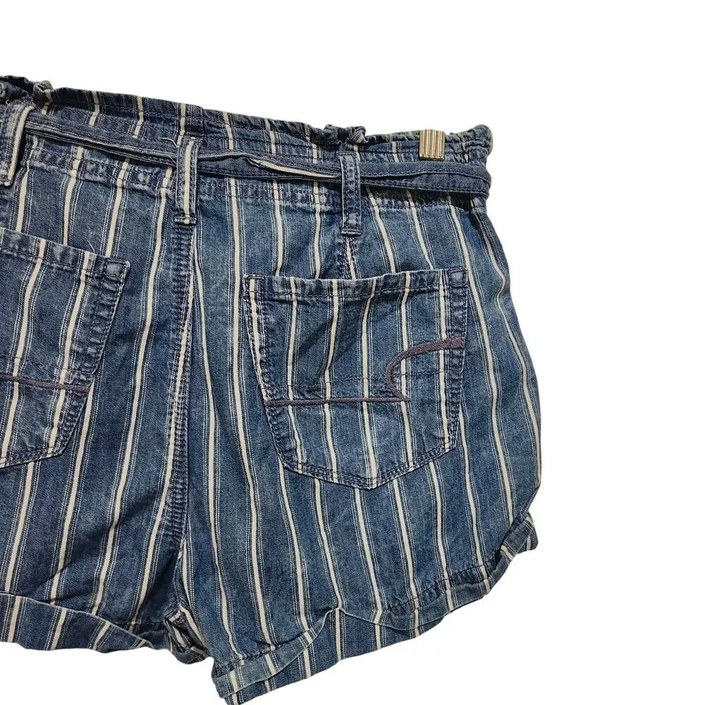 American Eagle Blue Striped Denim Belted Pleated Cotton Paperbag Shorts Size 4